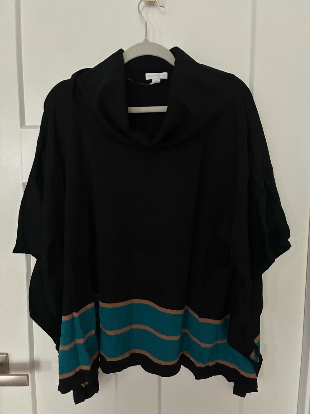 Charter Club Black Cowl Neck Poncho Sweater with Teal and Tan Stripes
